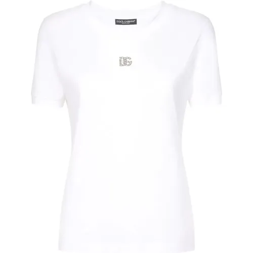 Kristallverziertes weißes T-Shirt , Damen, Größe: S - Dolce & Gabbana - Modalova