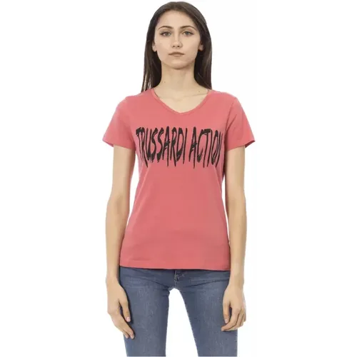 Rosa V-Ausschnitt T-Shirt mit Frontdruck , Damen, Größe: L - Trussardi - Modalova