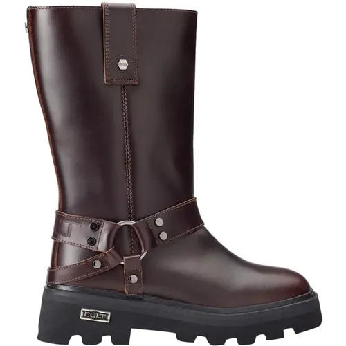 Bikerstiefel Braun Leder Knöchel , Damen, Größe: 41 EU - Cult - Modalova