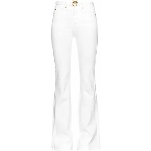 Flare-Fit Weiße Jeans mit Love Birds Diamond Cut Schnalle - pinko - Modalova