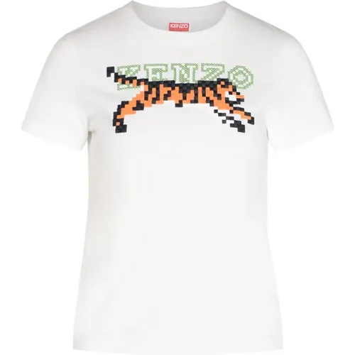 Weißes T-Shirt mit Pixel-Stickerei , Damen, Größe: S - Kenzo - Modalova