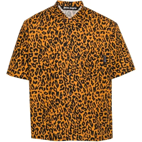 Leopardenmuster Leinen-Baumwollhemd , Herren, Größe: M - Palm Angels - Modalova