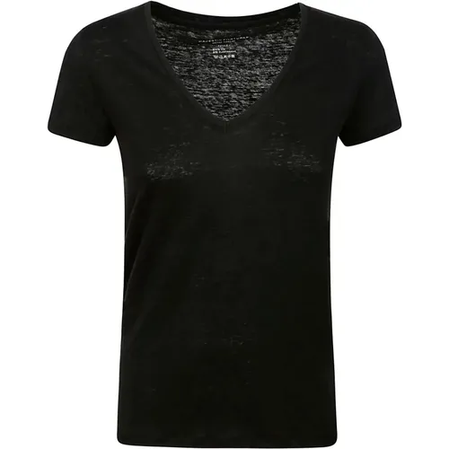 Schwarzes Leinen V-Ausschnitt T-Shirt , Damen, Größe: M - majestic filatures - Modalova