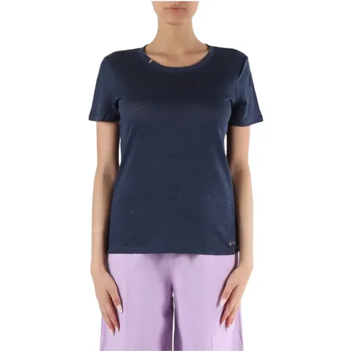 Linen embroidered logo T-shirt , female, Sizes: S, L - Sun68 - Modalova