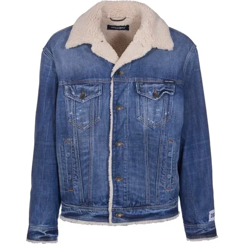 Teddy Denim Jacke mit Logo-Knöpfen,Blauer Denim Shearling Trim Mantel,Blaue Denim Shearling Jacke - Dolce & Gabbana - Modalova