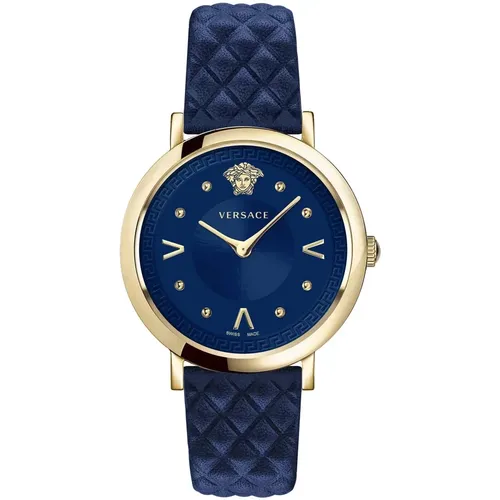 Chic Blau Leder Gold Stahl Uhr - Versace - Modalova