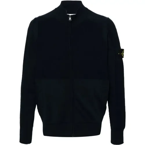Navy Blue Knitted Cardigan with Compass Badge , male, Sizes: L, 2XL, XL - Stone Island - Modalova