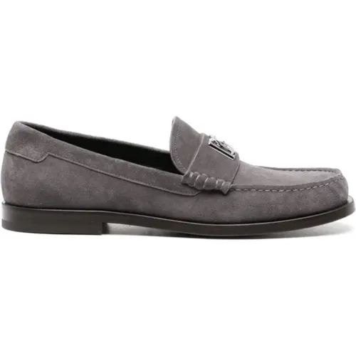 Grey Suede Loafers with Logo Plaque , male, Sizes: 8 1/2 UK, 9 UK, 9 1/2 UK, 11 UK, 7 UK, 10 UK, 8 UK, 10 1/2 UK - Dolce & Gabbana - Modalova
