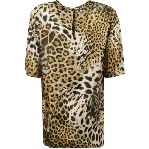 Leopard Print Silk T-Shirt , female, Sizes: 2XL, XL, M - Roberto Cavalli - Modalova