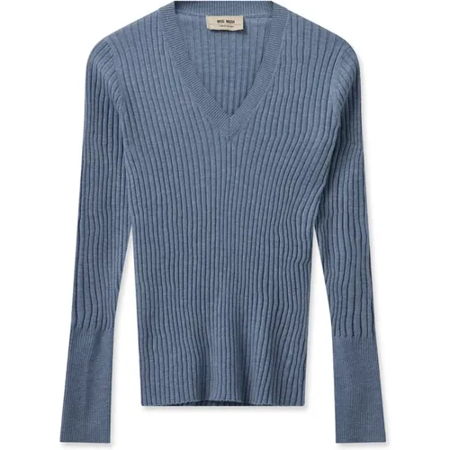 Ribbed V-Neck Knit Sweater in Shadow , female, Sizes: XL, L - MOS MOSH - Modalova