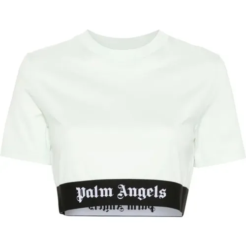 Weiße Logo Band Crop T-shirt,Grünes Crew-neck Topwear - Palm Angels - Modalova
