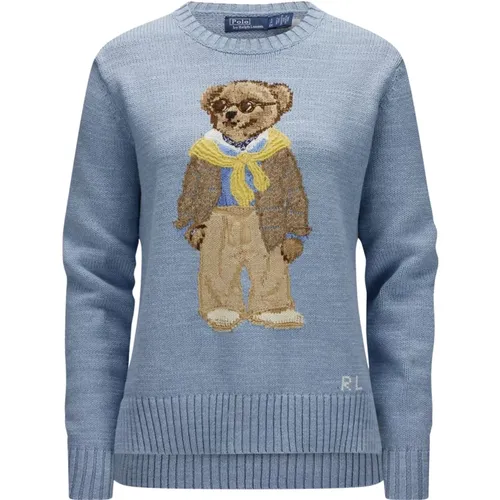 Hellblauer Bear Pullover , Damen, Größe: 2XS - Polo Ralph Lauren - Modalova