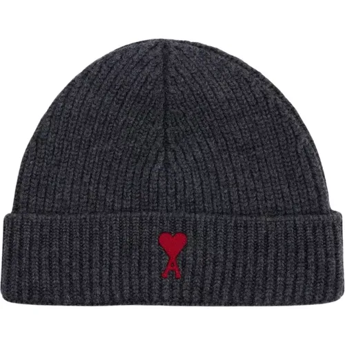 Red Wool Beanie in Grey , unisex, Sizes: ONE SIZE - Ami Paris - Modalova