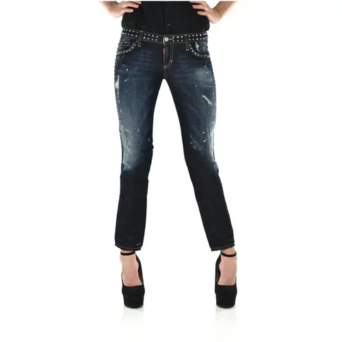 Slim-Fit Denim Jeans mit Vintage-Farbe und weißem Lederpatch , Damen, Größe: S - Dsquared2 - Modalova