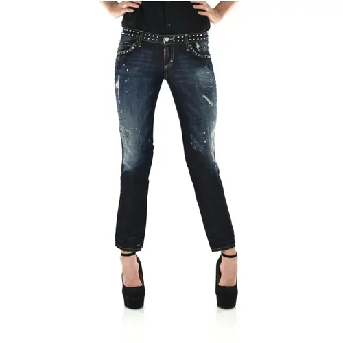 Slim-Fit Denim Jeans mit Vintage-Farbe und weißem Lederpatch , Damen, Größe: XS - Dsquared2 - Modalova