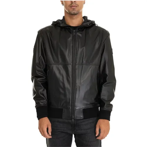 Leather Harrington Jacket with Hood , male, Sizes: 2XL - Boss - Modalova