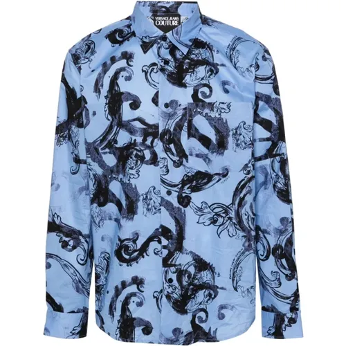 Blaues Hemd mit Watercolour Couture Druck - Versace Jeans Couture - Modalova