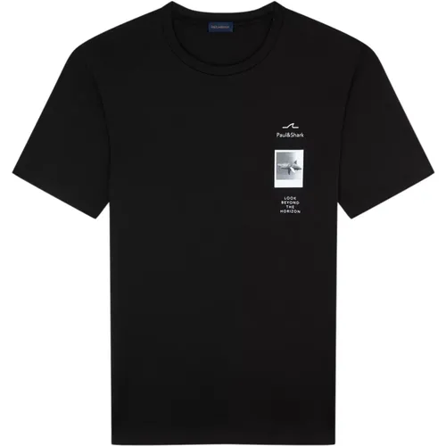 Schwarzes Baumwoll-Halbarm-T-Shirt mit Stickerei - PAUL & SHARK - Modalova
