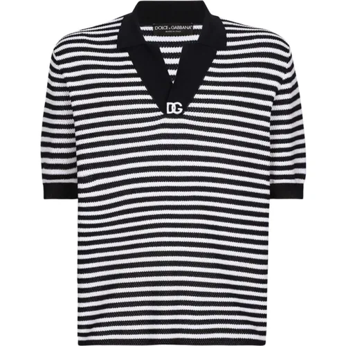 Blue Striped V-Neck Polo Shirt , male, Sizes: XL, M, L - Dolce & Gabbana - Modalova
