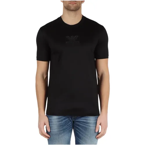 Lyocell and Cotton T-shirt with Rhinestone Logo , male, Sizes: L, XL, M, 2XL - Emporio Armani - Modalova