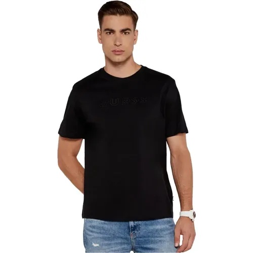 Schwarzes Baumwoll-T-Shirt - Kurzarm , Herren, Größe: XL - Guess - Modalova