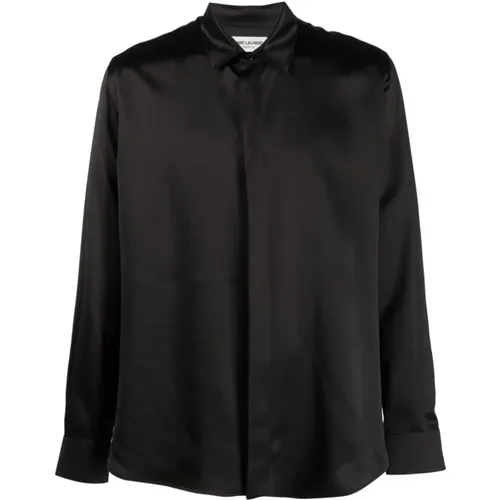 Silk Satin Shirt with Classic Collar and Button Closure , male, Sizes: M - Saint Laurent - Modalova