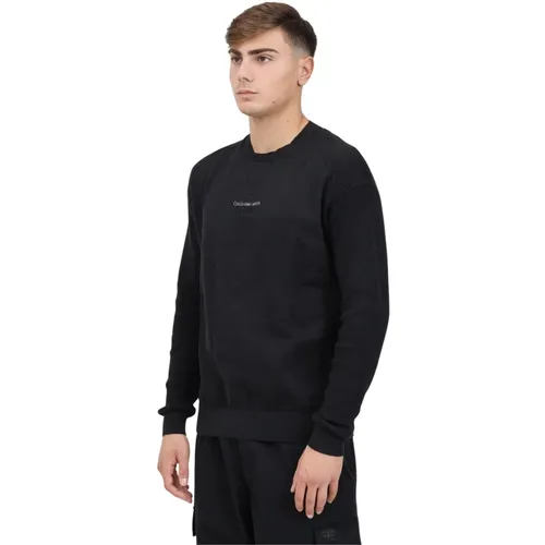 Schwarzer Rundhalsausschnitt Pullover Logo Brust , Herren, Größe: 2XL - Calvin Klein Jeans - Modalova