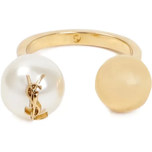 Golden Metallic Rings with Pearl Embellishment , female, Sizes: 47 MM - Saint Laurent - Modalova
