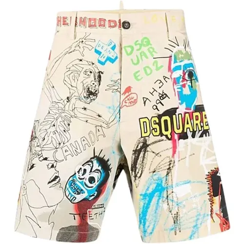 Multicolored Graffiti Print Knee-Length Beige Chino Shorts , male, Sizes: 2XS - Dsquared2 - Modalova