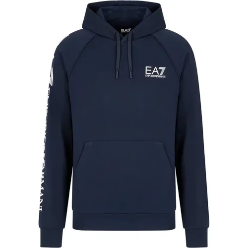 Blaue Kapuzenpullover mit weißer Logo-Schrift , Herren, Größe: 2XL - Emporio Armani EA7 - Modalova