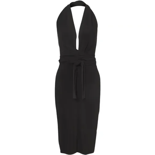 Schwarzes V-Ausschnitt Midi-Kleid mit Taillenband , Damen, Größe: XS - Norma Kamali - Modalova