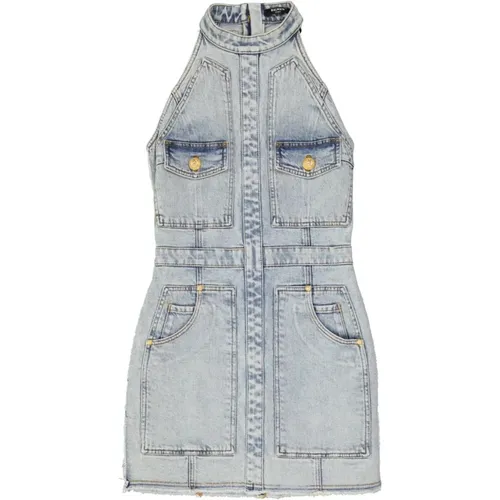 Denim Mini Kleid mit Knopfverschluss - Balmain - Modalova