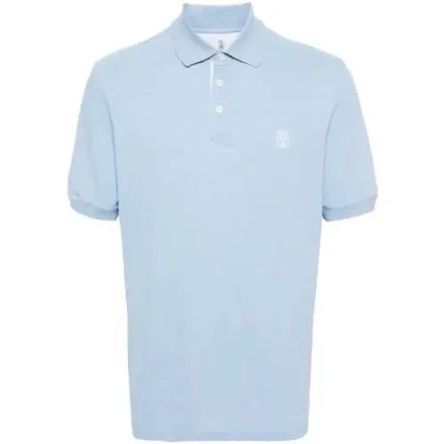 Blaues Baumwoll-Poloshirt mit Logo-Print , Herren, Größe: M - BRUNELLO CUCINELLI - Modalova