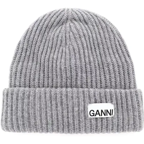 Gerippte Wollmischung Beanie Mütze mit Logo-Patch,Stilvolle Graue Hüte Kollektion - Ganni - Modalova
