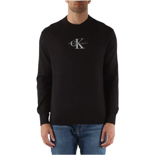 Cotton Crewneck Embroidered Logo Sweater , male, Sizes: XL, L, 2XL, S, M - Calvin Klein Jeans - Modalova