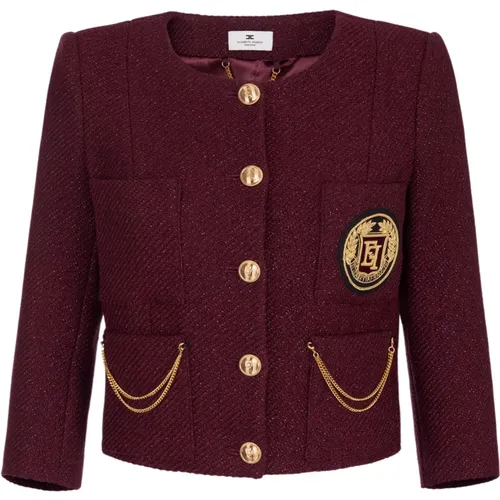Burgunder Tweed Kurze Jacke Bestickt Logo , Damen, Größe: S - Elisabetta Franchi - Modalova