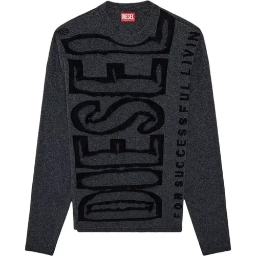 Logo-Intarsia Wollpullover in Grau , Herren, Größe: L - Diesel - Modalova