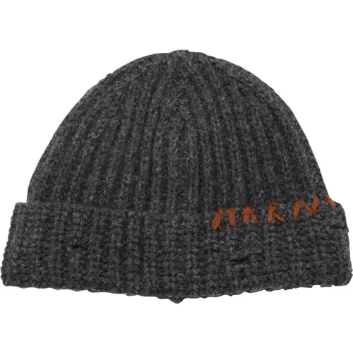 Grey Wool Beanie Ribbed Trim Hat , male, Sizes: L, M, S - Marni - Modalova