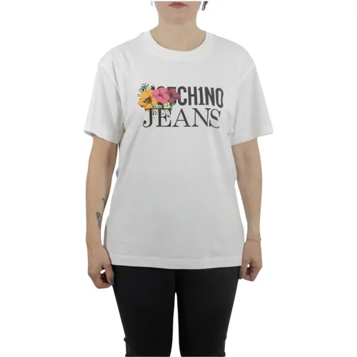 Weißes Weitgeschnittenes T-Shirt mit Logo-Print vorne - Moschino - Modalova