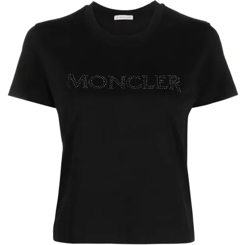 Logo-verziertes schwarzes Baumwoll-T-Shirt , Damen, Größe: M - Moncler - Modalova