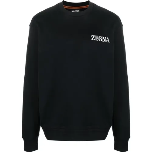 Cotton Sweater with Ribbed Trims and Front Logo Print , male, Sizes: S - Ermenegildo Zegna - Modalova