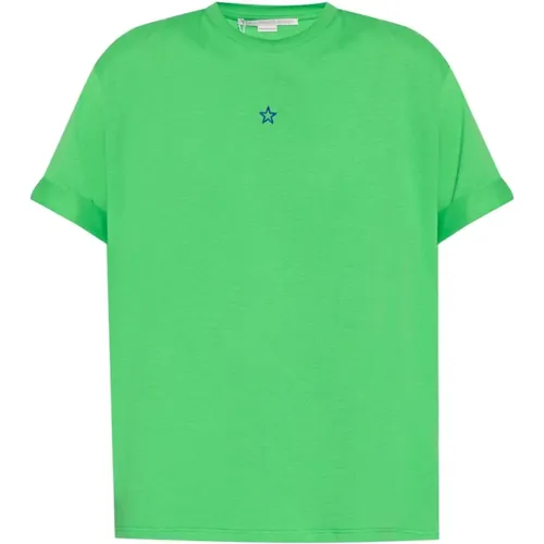 Grünes T-Shirt aus Bio-Baumwolle mit Sternenstickerei , Damen, Größe: S - Stella Mccartney - Modalova