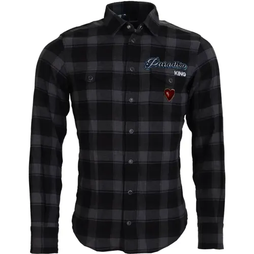 Black Gray Check Men Long Sleeves Shirt , male, Sizes: M - Dolce & Gabbana - Modalova