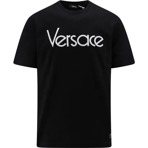 Schwarzes Geripptes T-Shirt mit Stickerei , Herren, Größe: L - Versace - Modalova