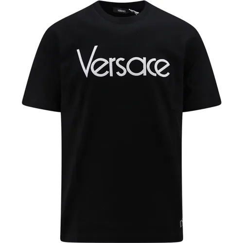 Schwarzes Geripptes T-Shirt mit Stickerei , Herren, Größe: M - Versace - Modalova