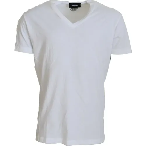 Weißes V-Ausschnitt Leinen Baumwoll T-Shirt , Herren, Größe: M - Dsquared2 - Modalova