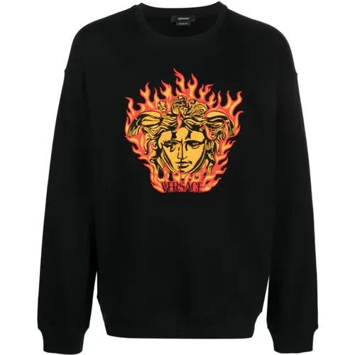 Schwarzer Pullover mit Medusa Flame Logo - Versace - Modalova