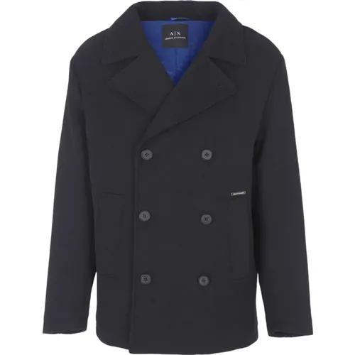 Blauer Wollmischung Mantel mit Doppelreiher - Armani Exchange - Modalova