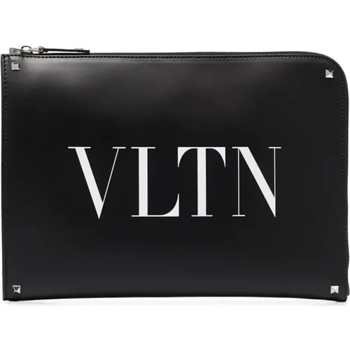 Vltn Leather Clutch with Logo Print and Rockstud Trim , male, Sizes: ONE SIZE - Valentino Garavani - Modalova
