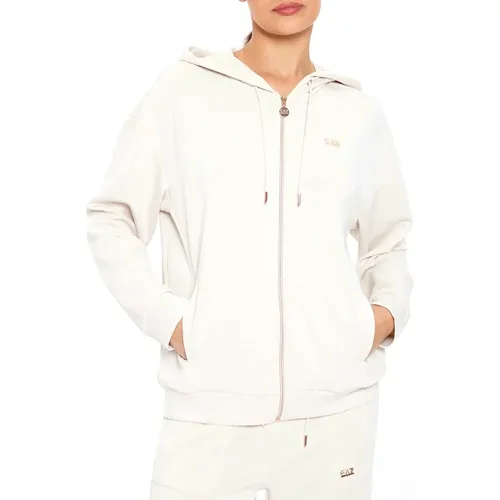 Weißer Sand Hoodie mit Roségold Reißverschluss - Emporio Armani EA7 - Modalova